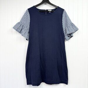 J. Crew Women's Shift Mini Dress Size L Gingham Print Bell Sleeve Back Zip Navy